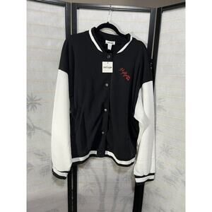 Refuge Unisex Varsity Bomber Jacket XL Black White Snap Button Cherry Embroidery